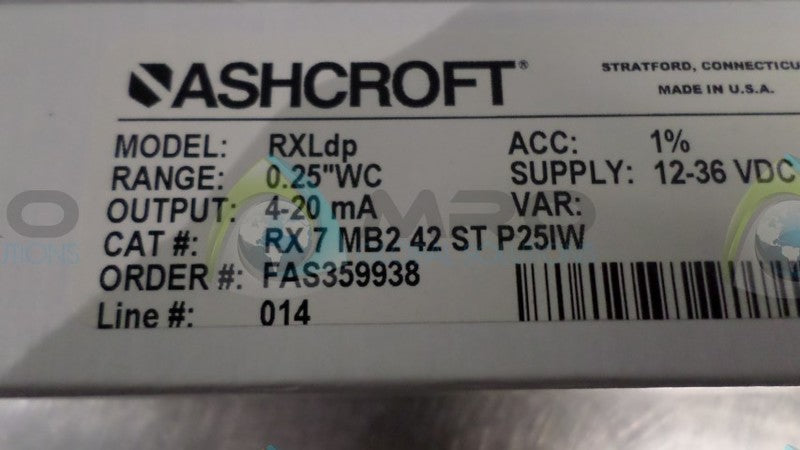 ASHCROFT RXLdp RX-7-MB2-42-ST-P25IW PRESSURE TRANSDUCER NSMP