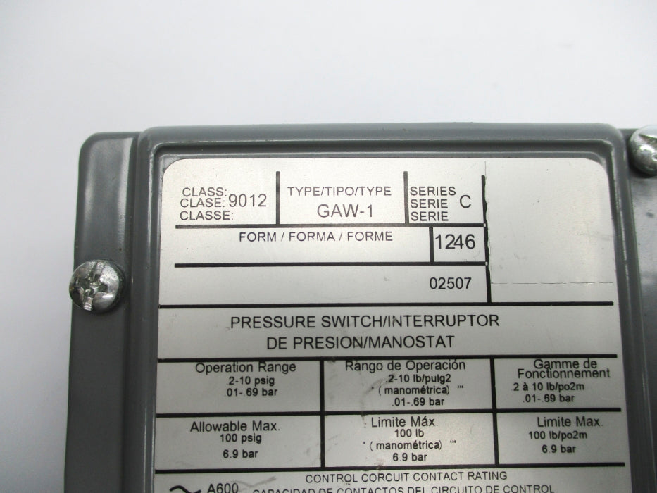 SQUARE D 9012GAW-1 SER. C 100PSI UNMP
