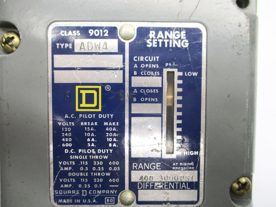 SQUARE D 9012ADW4 600V 8A 15-10A 400-3000PSI UNMP