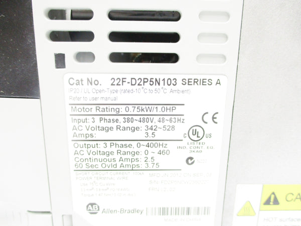 ALLEN BRADLEY 22F-D2P5N103 SER. A F/W 2.02 342-528VAC 3.5A NSNP