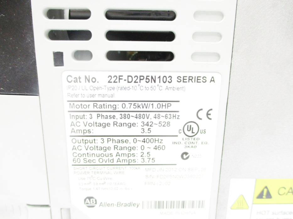 ALLEN BRADLEY 22F-D2P5N103 SER. A F/W 2.02 342-528VAC 3.5A NSNP