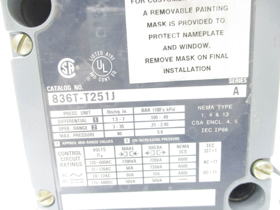 ALLEN BRADLEY 836T-T251J SER. A 120-600VAC 60A 3-35PSI NSNP