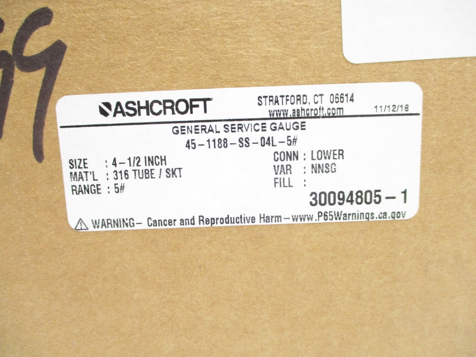 ASHCROFT 45-1188-SS-04L-5# 0-5.0PSI NSMP