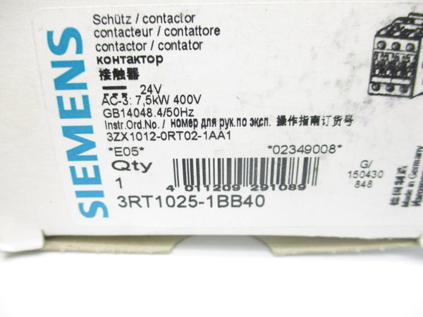 SIEMENS 3RT1025-1BB40 24VDC 40A NSMP