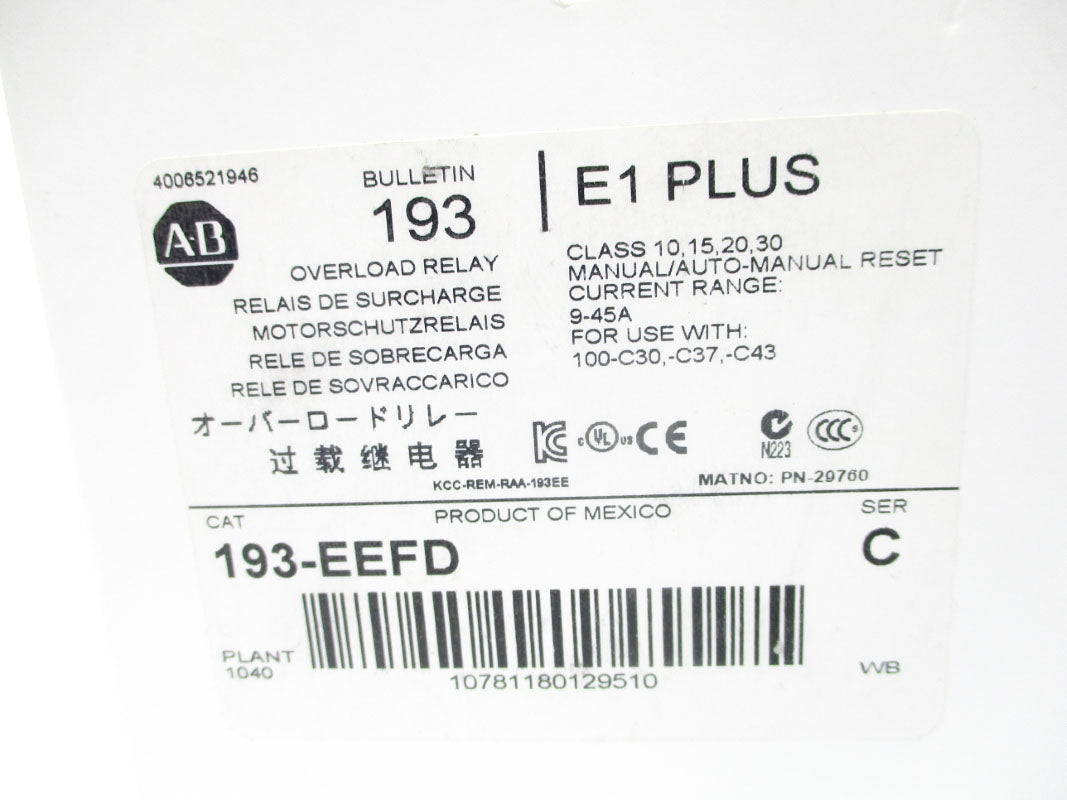 ALLEN BRADLEY 193-EEFD SER. C 600V 9-45A (WH) NSMP