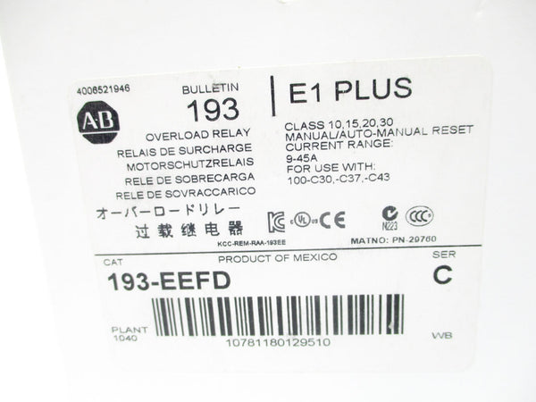 ALLEN BRADLEY 193-EEFD SER. C 600V 9-45A (WH) NSMP
