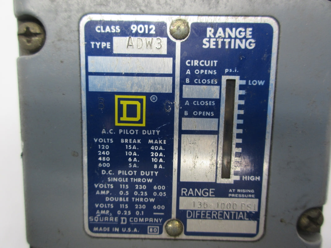 SQUARE D 9012ADW3 SER. B 600VAC 8A 135-1000PSI UNMP