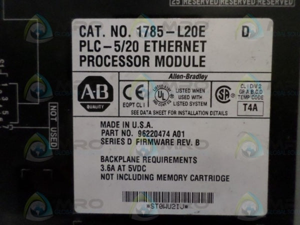 ALLEN BRADLEY 1785-L20E SER. D F/W B PROCESSOR MODULE  UNMP