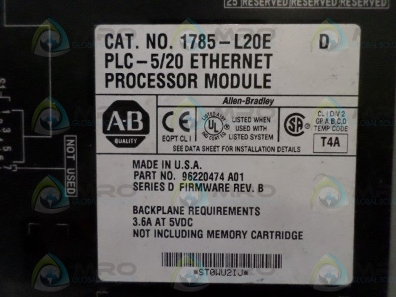 ALLEN BRADLEY 1785-L20E SER. D F/W B PROCESSOR MODULE  UNMP