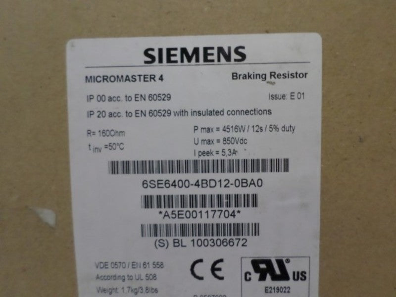 SIEMENS MICROMASTER 4 6SE6400-4BD12-0BA0 BRAKING RESISTOR NSMP