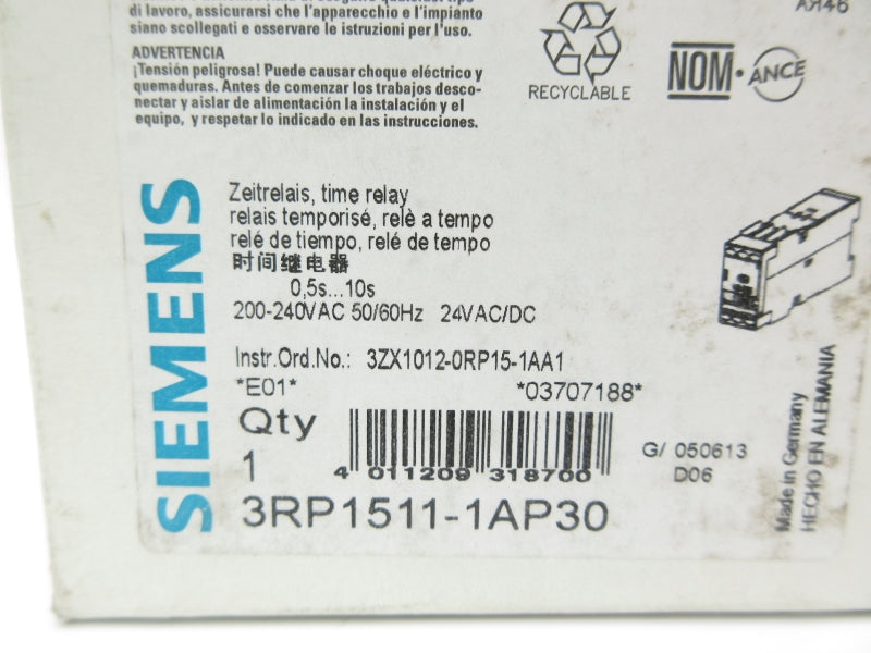 SIEMENS 3RP1511-1AP30 200-240VAC 0.5-10S NSMP