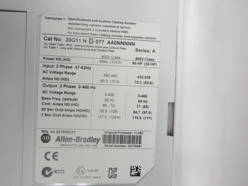 ALLEN BRADLEY 20G11ND077AA0NNNNN SER. A F/W 11.002 480VAC 72.3A NSMP