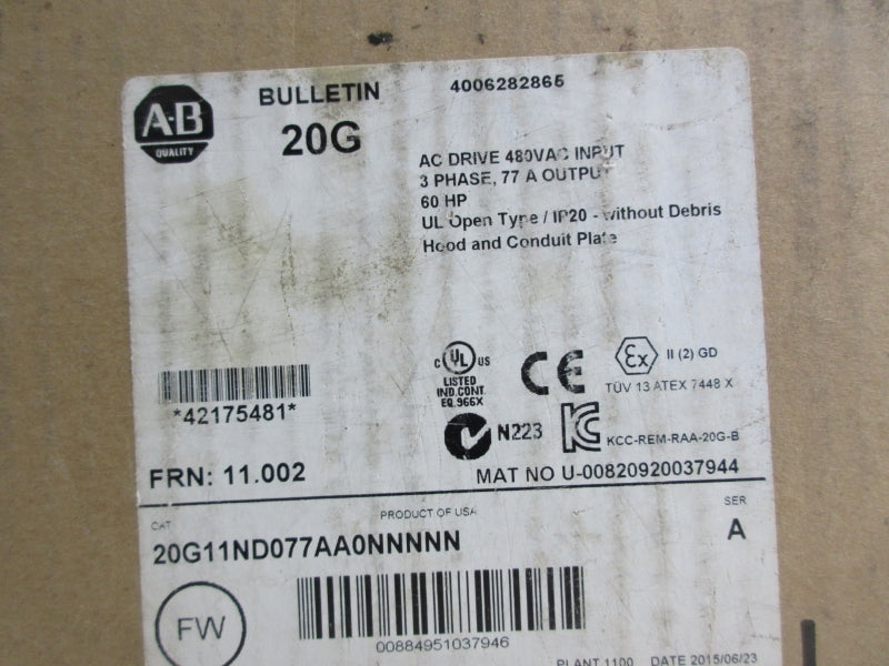 ALLEN BRADLEY 20G11ND077AA0NNNNN SER. A F/W 11.002 480VAC 72.3A NSMP