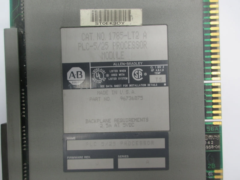 ALLEN BRADLEY 1785-LT2 SER. A F/W J 5VDC 2.5A (NO KEY) UNMP
