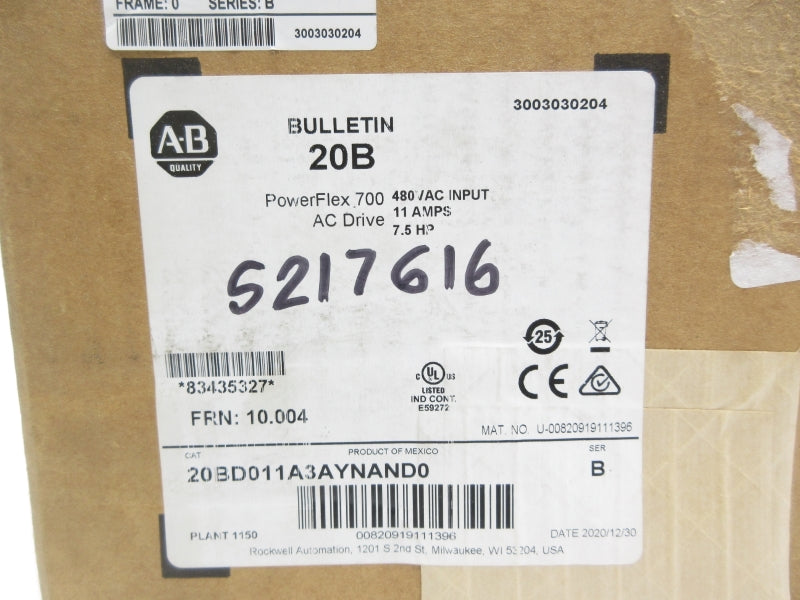 ALLEN BRADLEY 20BD011A3AYNAND0 SER. B F/W 10.004 480VAC 11A DATE: 2020 NSFS