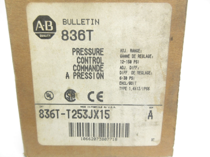 ALLEN BRADLEY 836T-T253JX15 SER. A 120-600VAC 60A 12-150PSI (BR/WH) NSMP