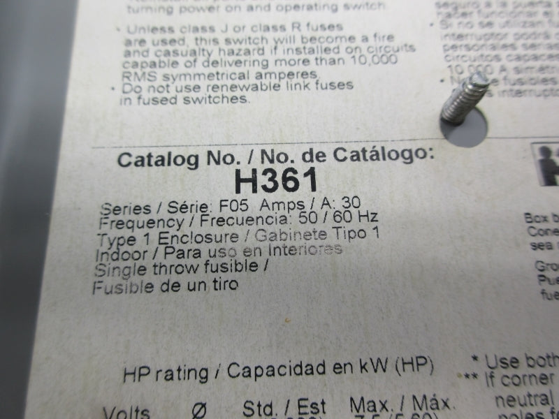 SQUARE D H361 SER. F05 600V 30A UNMP