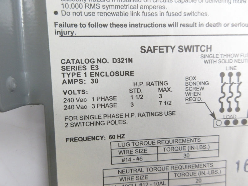 SQUARE D D321N SER. E3 240VAC 30A NSNP