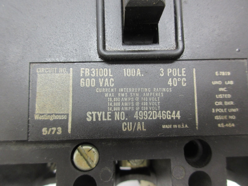 WESTINGHOUSE FB3100L 600VAC 100A UNMP
