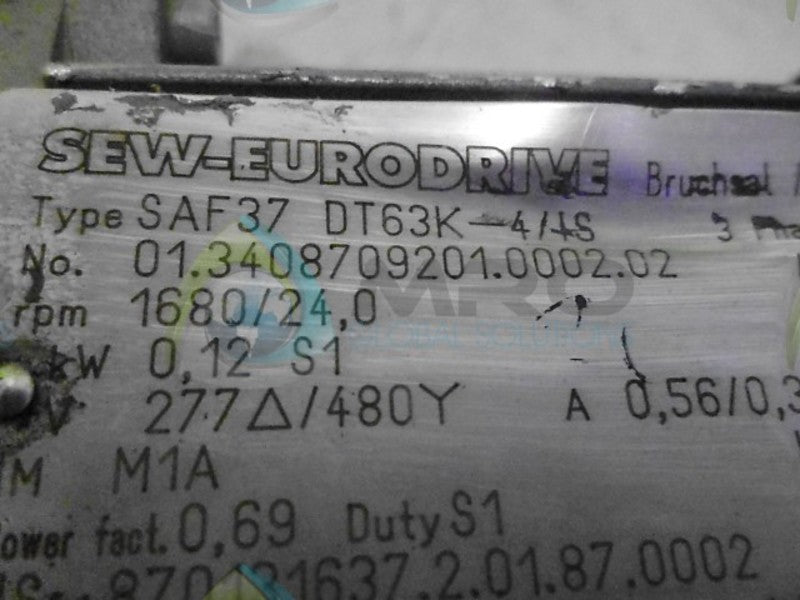 SEW-EURODRIVE SAF37 DT63K-4/IS MOTOR 1680 RPM  NSNP