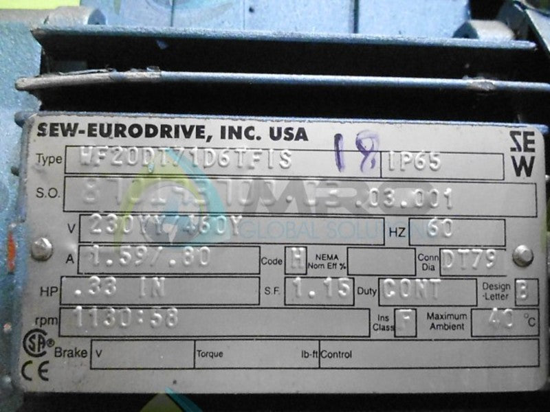 SEW-EURODRIVE WF20DT71D6TFIS MOTOR .33 HP 1130:58 RPM  NSNP