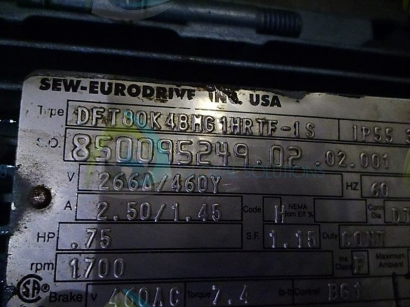 SEW-EURODRIVE DFT80K4BMG1HRTF-1S GEAR MOTOR .75 HP 1700 RPM  NSNP