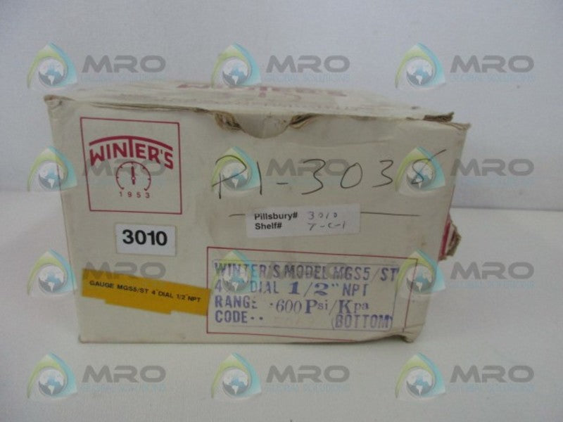 WINTERS 4" 1/2" NPT PRESSURE GAUGE 600 PSI  NSMP