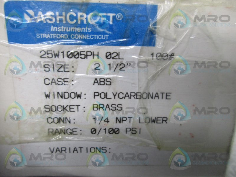 ASHCROFT 25W1005PH02L-100# PRESSURE GAUGE 0-100 PSI  NSMP