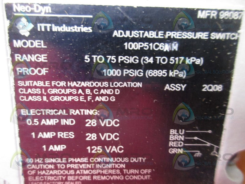IFF 100P51C6AM PRESSURE SWITCH 5-75PSIG  NSMP