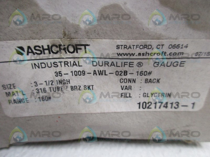 ASHCROFT 35-1009-AWL-02B-160 PRESSURE GAUGE 0-160PSI  NSMP