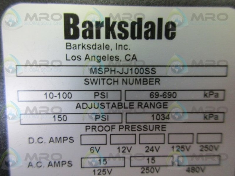 BARKSDALE MSPH-JJ100SS PRESSURE SWITCH  NSMP