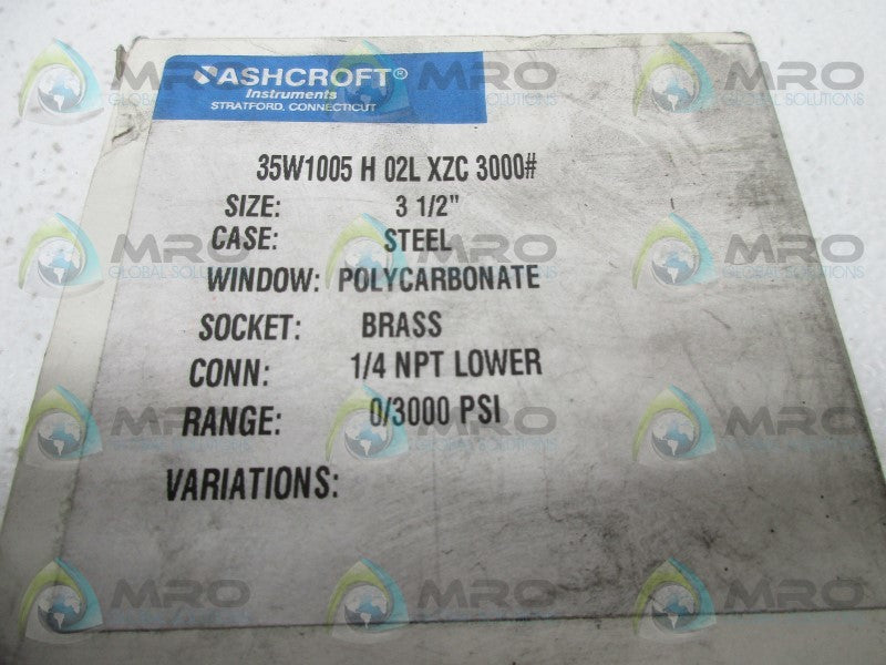 ASHCROFT 35W1005H02LXZC3000# PRESSURE GAUGE 0-3000 PSI  NSMP