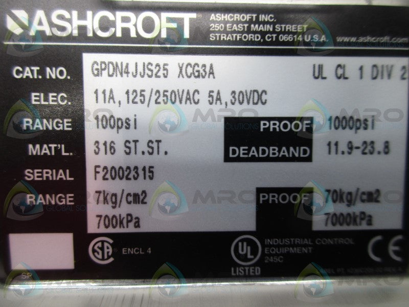 ASHCROFT GPDN4JJS25-XCG3A PRESSURE SWITCH  NSMP