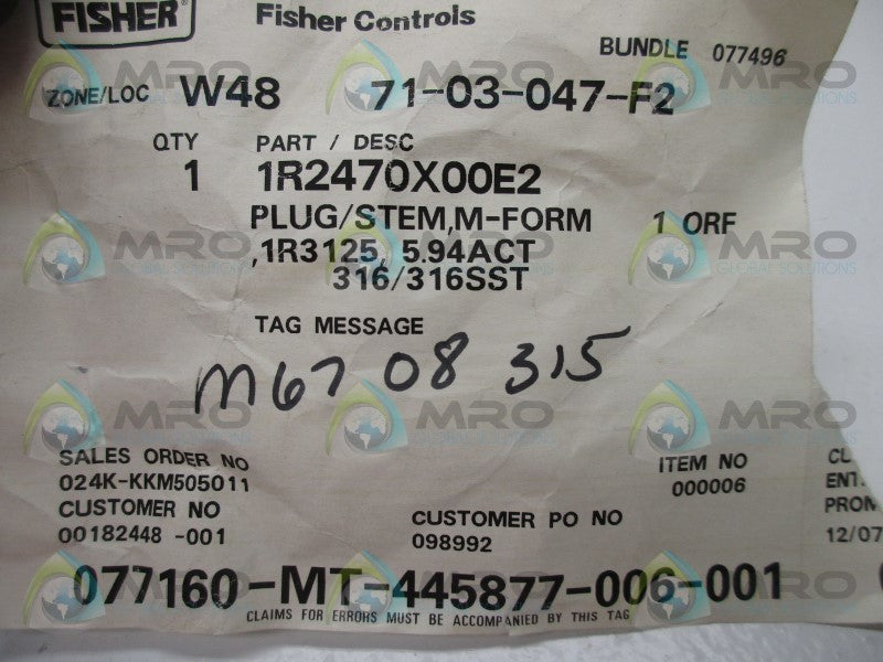 FISHER 1R2470X00E2 PLUG/STEM  NSNP