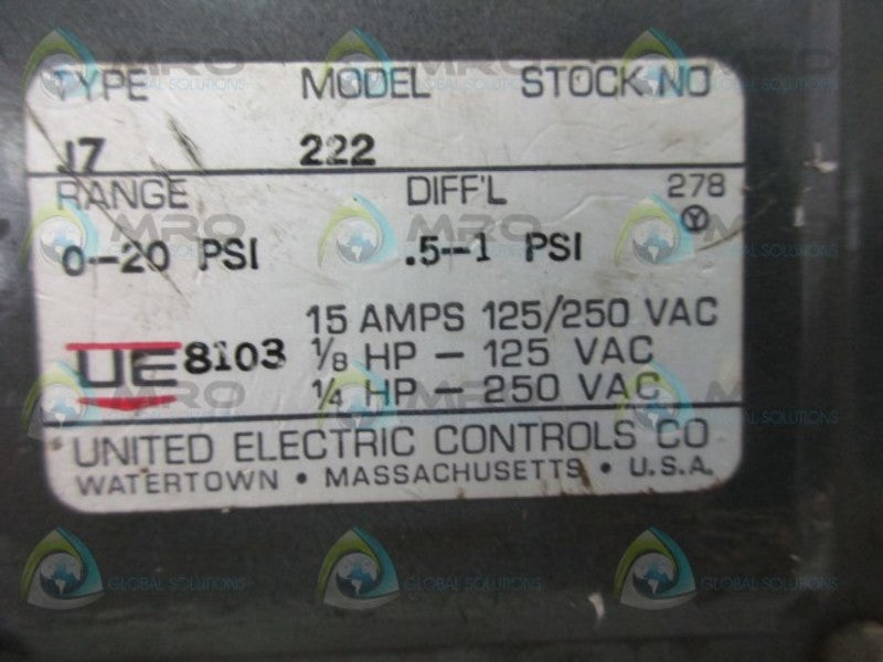 UNITED ELECTRIC J7222 PRESSURE CONTROL  UNMP