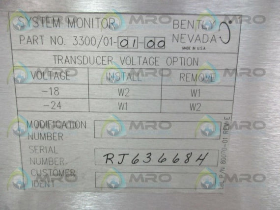 BENTLY NEVADA 3300/01-01-00 SYSTEM MONITOR MODULE  UNMP