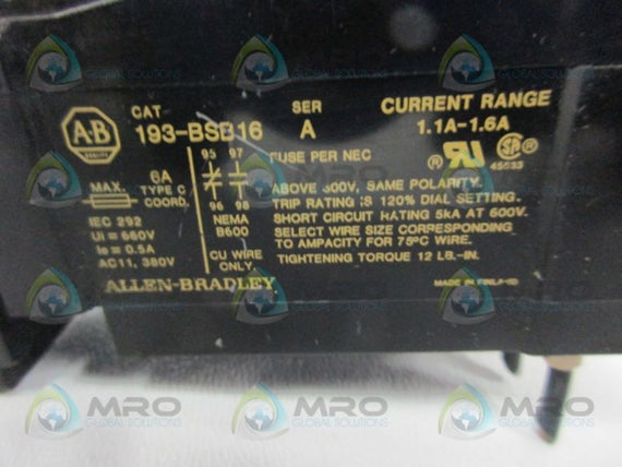 ALLEN BRADLEY 193-BSB16 SER. A OVERLOAD RELAY  UNMP