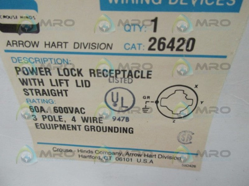 ARROW HART 26420 POWER LOCK RECEPTACLE W/ LIFT LID  NSNP I BOX