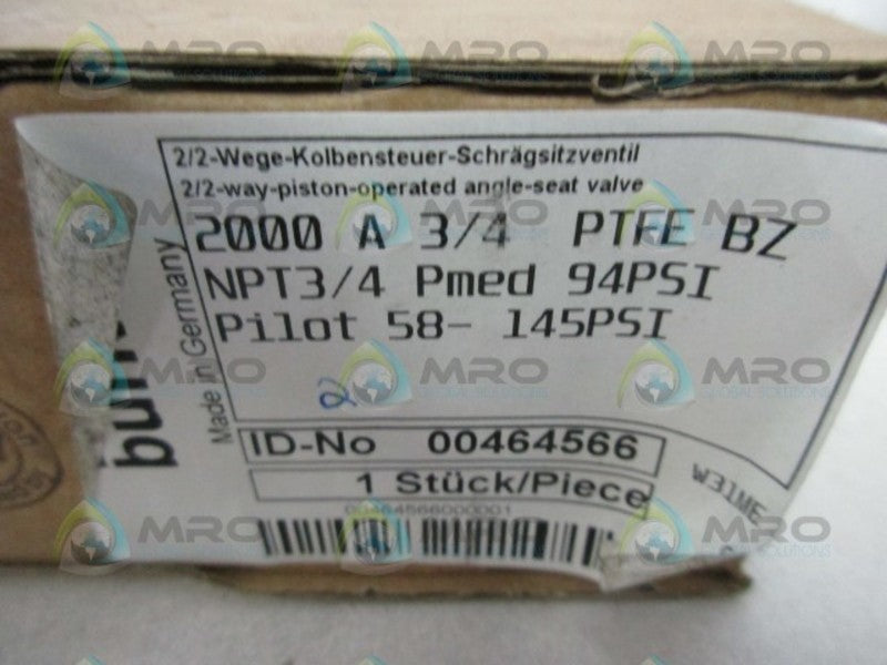 BURKERT 2000 A 3/4 PTFE BZ 2-WAY PISTON OPERATED ANGLE VALVE  NSMP