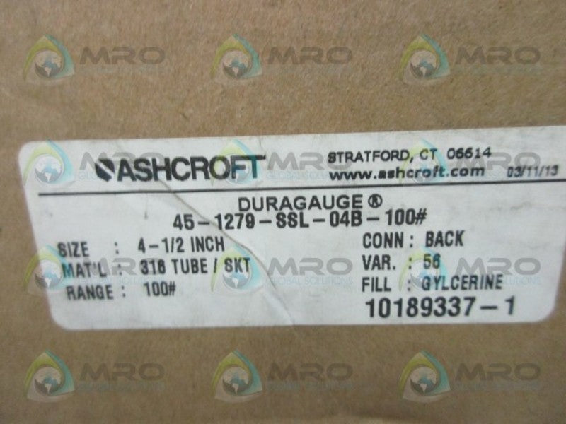 ASHCROFT 45-1279-SSL-04B-100# DURAGUAGE PRESSURE GAUGE  NSMP