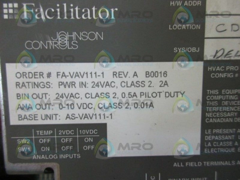 JOHNSON CONTROLS FA-VAV111-1 CONTROLLER FACILITATOR  UNMP