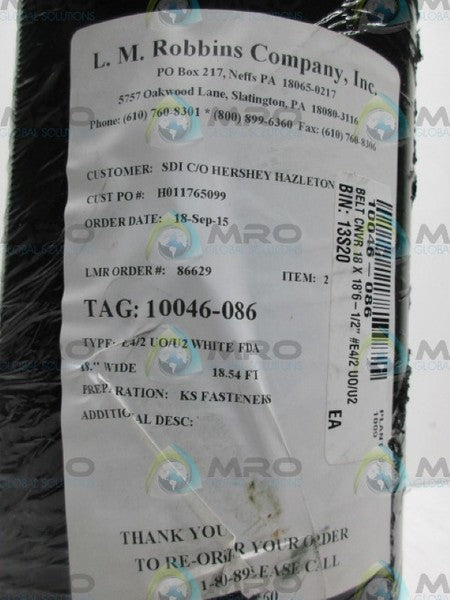 L.M.ROBBINS E4/2UO/U2 WHITE FDA 18"W 18.5FT CONVEYOR BELT  NSNP