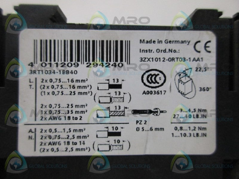 SIEMENS 3RT1034-1BB40 CONTACTOR  UNMP