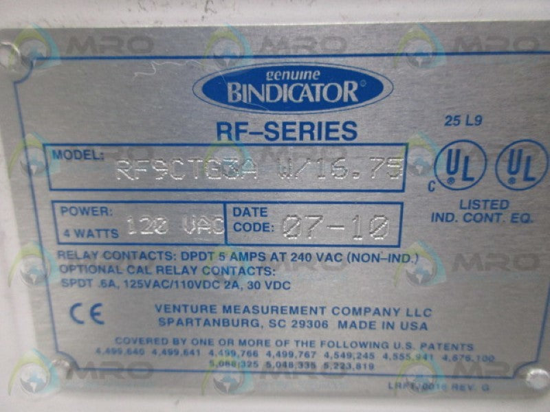 BINDICATOR RF9CTG3A w/16.75 LEVEL SENSOR  NSNP