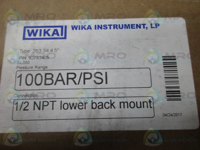 WIKA 52753405 PRESSURE GAUGE 100 BAR PSI 1/2 NPT  NSMP
