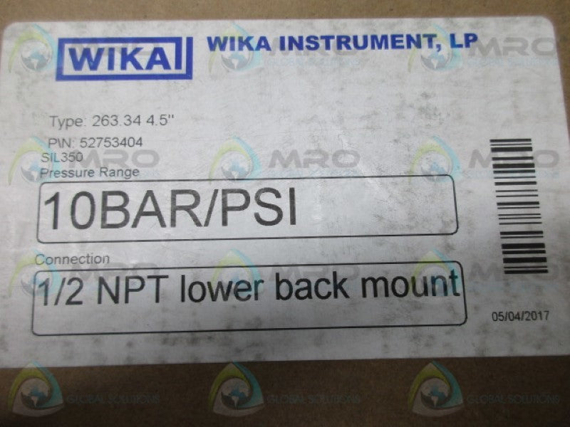 WIKA 52753404 PRESSURE GAUGE 10 BAR PSI 1/2 NPT  NSMP