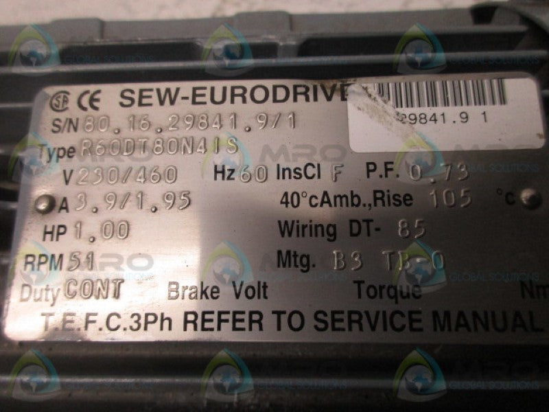 SEW EURODRIVE R60DT80N4IS GEAR MOTOR  UNMP