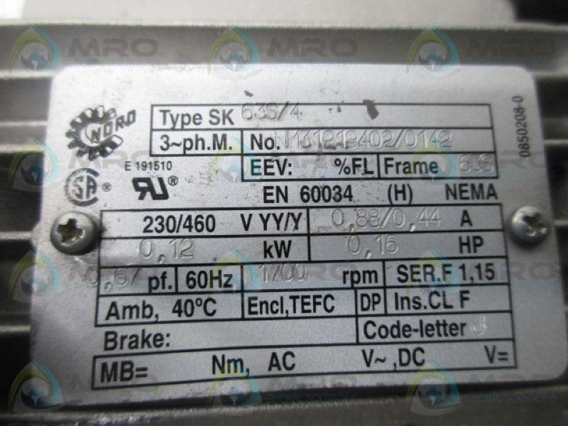 NORD SK63S/4 GEAR MOTOR  UNMP