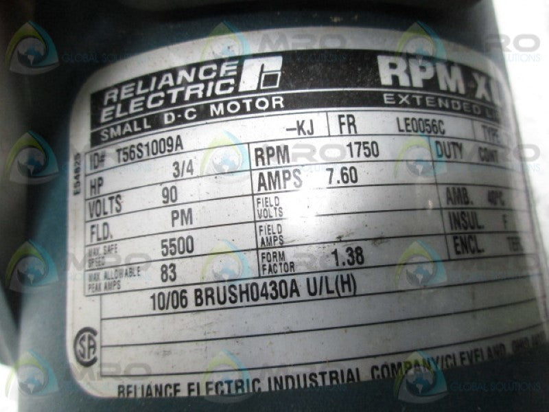 RELIANCE ELECTRIC T56S1009A-KJ MOTOR 3/4HP 1750RPM (AS PICTURED)  UNMP