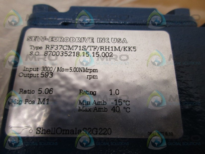SEW EURODRIVE RF37CM71S/TF/RH1M/KK5 GEAR MOTOR RATIO 5.06  NSMP